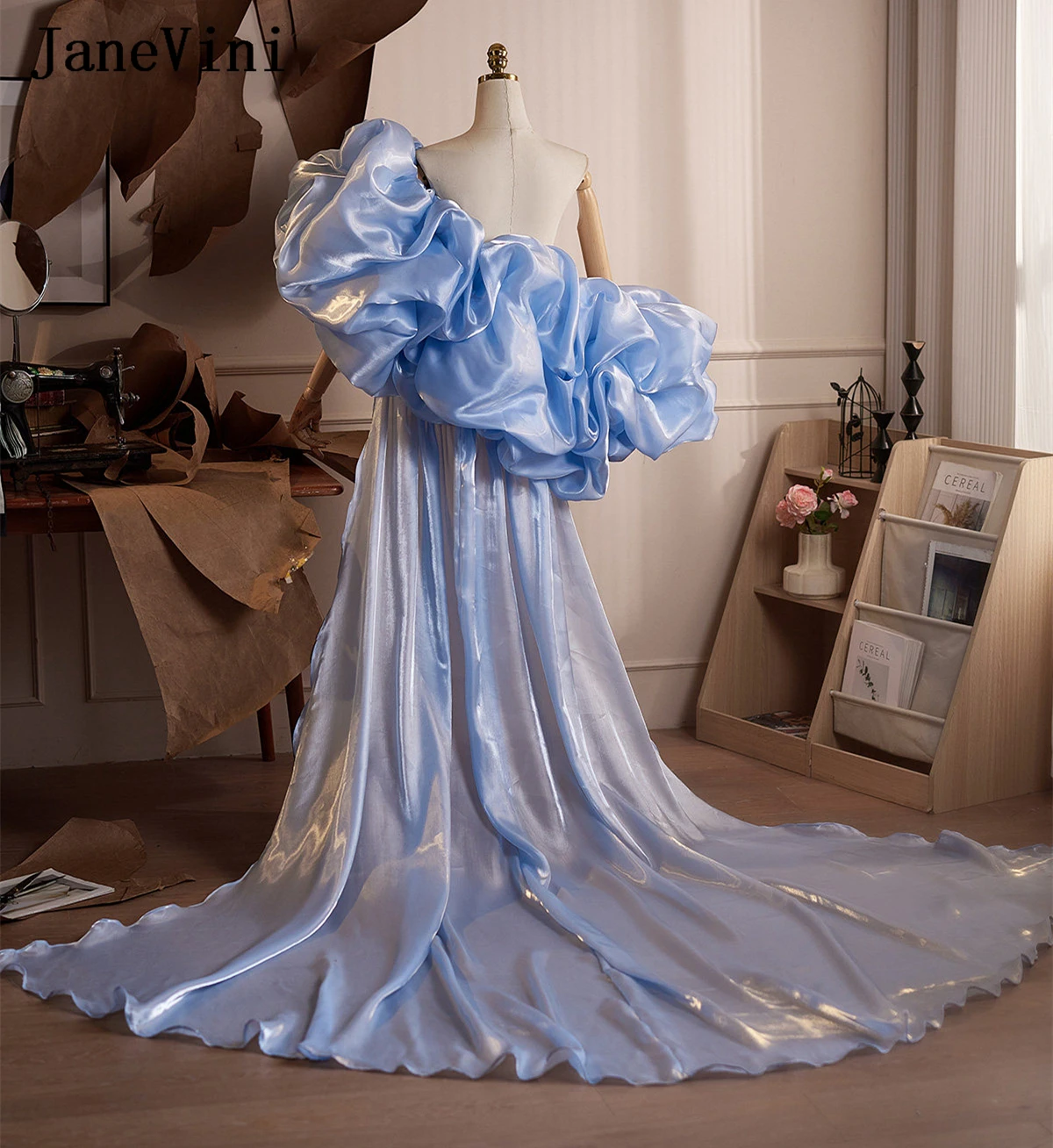 

JaneVini Light Blue Organza Ruffle Bridal Cape Off Shoulder Puff Sleeve Wedding Dress Cover Up Sheer Evening Party Shawl Wraps