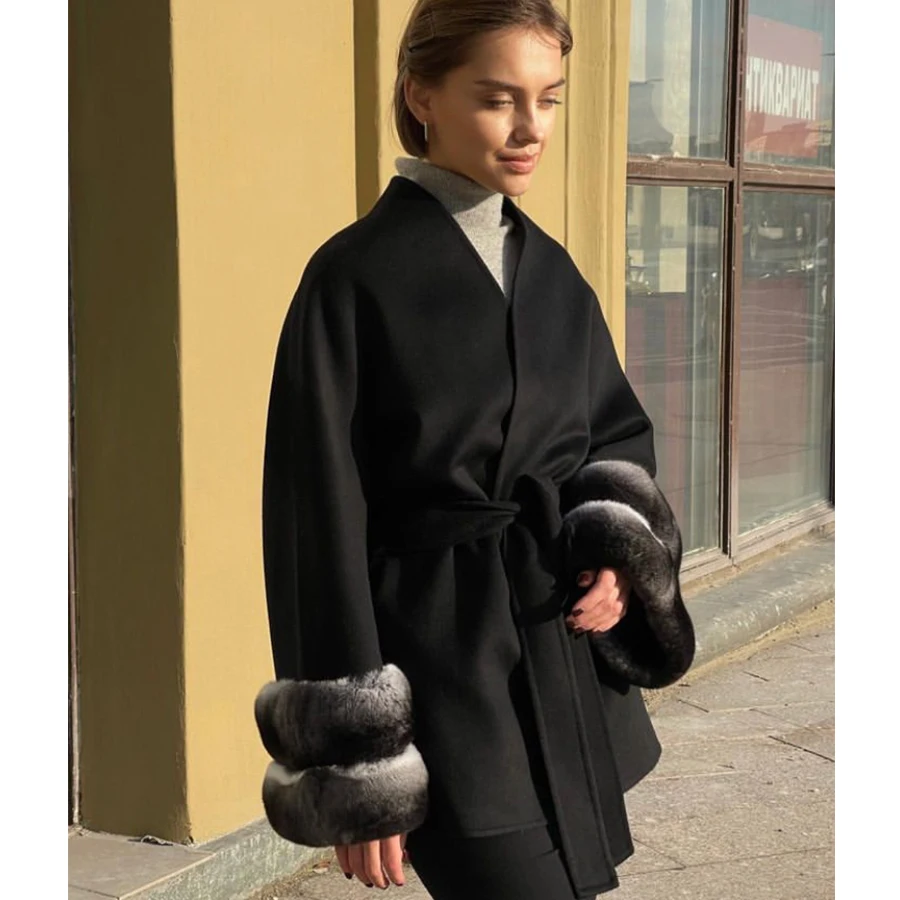 

Womens Jackets Cashmere Coat Women Luxury Real Wool Coat With Natural Rex Rabbit Fur Cuffs Mid-Length Clothes