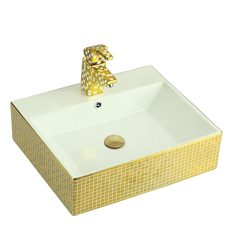 

European style ceramic gold wash basin on the lottery table Square wash basin Art basin