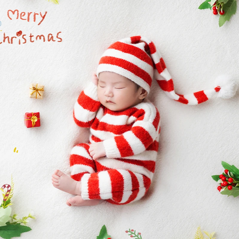 Knit Santa Claus Newborn Photography Outfit 0-1month Baby Boys Girls Warm Clothes Studio Photo Shoot Clothing