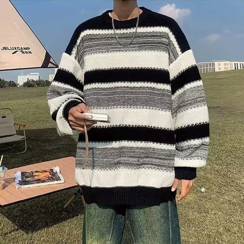 Maglione da uomo rotondo in maglia Ne con vestibilità ampia, modello a righe, casual, in fibra di poliestere, stagione invernale, per adolescenti