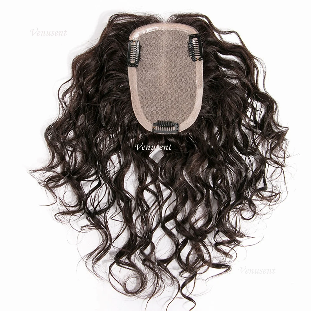 9x14cm Silk Base Human Hair Topper Silk Top Virgin European Remy Hairpiece Natural Wave Women Toupee with Clips in Natural Black