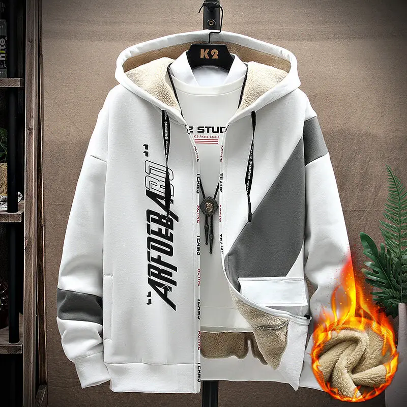 2023 Autumn Winter Men\'s Fashion Casual Hooded Drawstring Thick Hoodies Printed Letter Long Sleeve Zipper Pockets Cardigan Coats