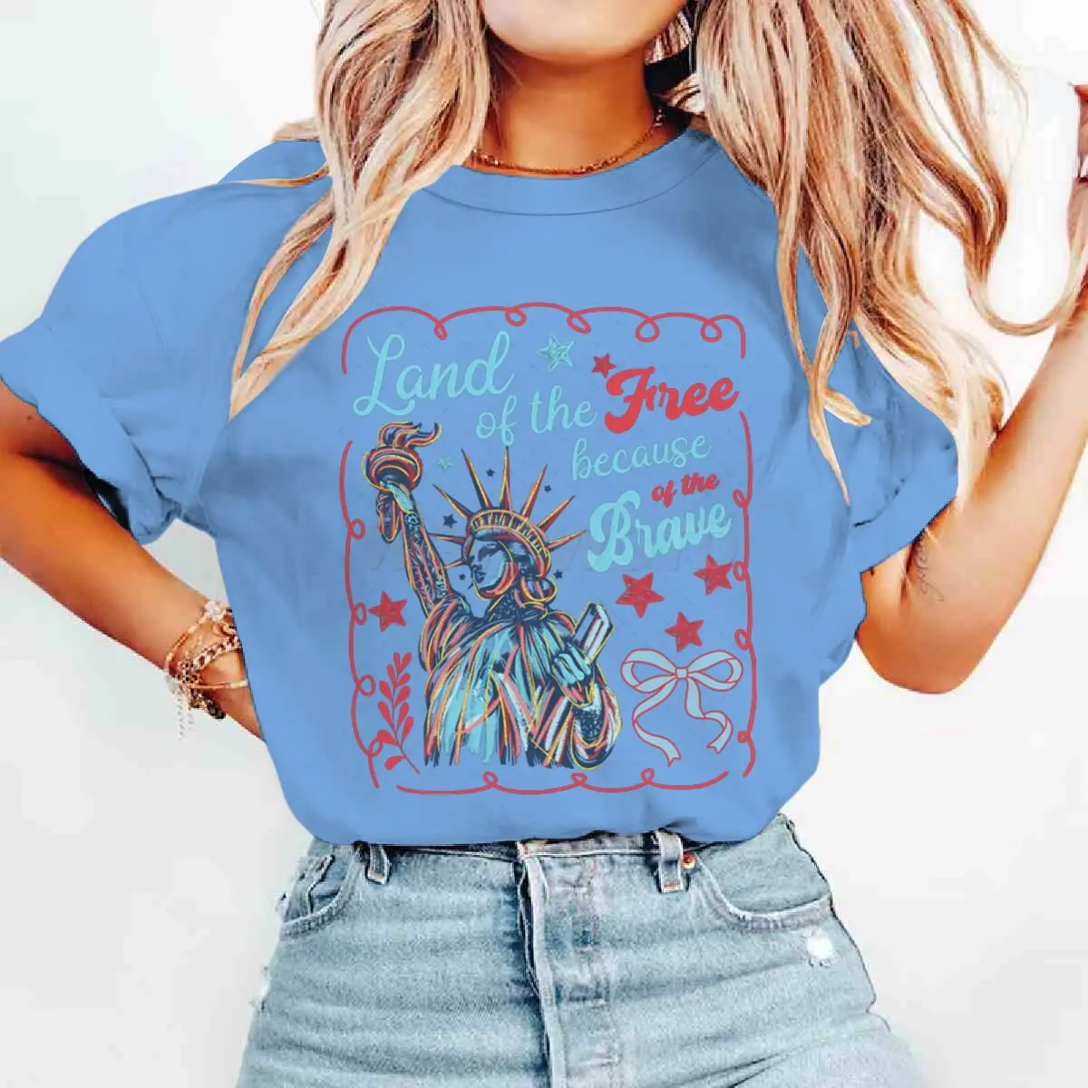 Land Of The Free Because Of The Brave T-Shirts 4th Of July T-shirt Short Sleeve Funny Casual Summer Tops Women's Clothing