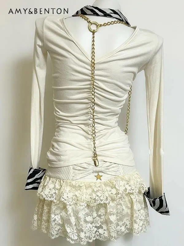 

2026 Spring Summer Women's American Y2k Hot Girl Zebra Print Ruched Slim White Lapel Zip Cardigan Long Sleeve Tops