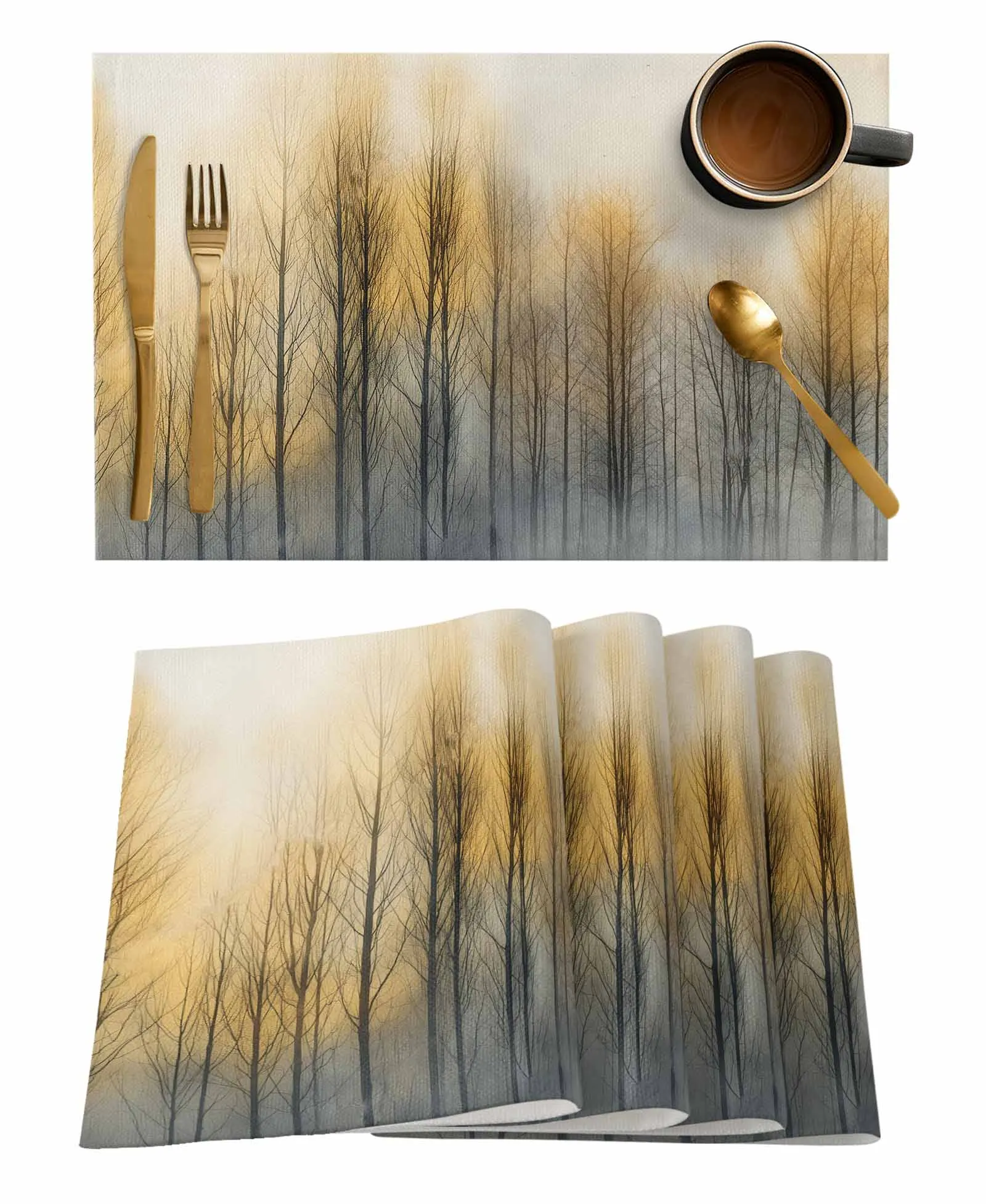 Oil Painting Abstract Tree Sunset Coffee Dish Mat Kitchen Placemat Dining Table Rug Dinnerware 4/6pcs Pads