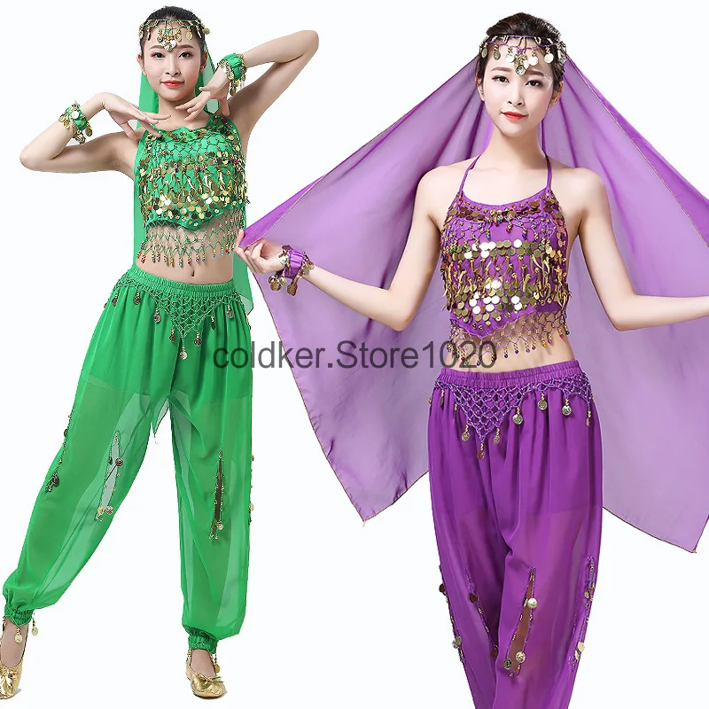 Women Belly Dance Costumes Cosplay Dress Shinning Belly Indian Dance Coins Costume Set Trousers + Folded Lace Bra