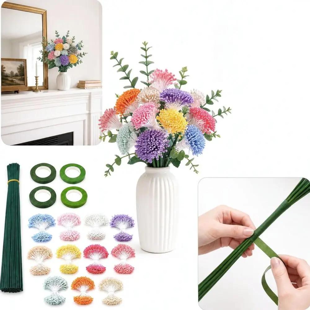DIY Flower Crafting Set Colorful Plush Stems Floral Wires Wrapping Tape Decorative Handmade Bouquet Art Supplies