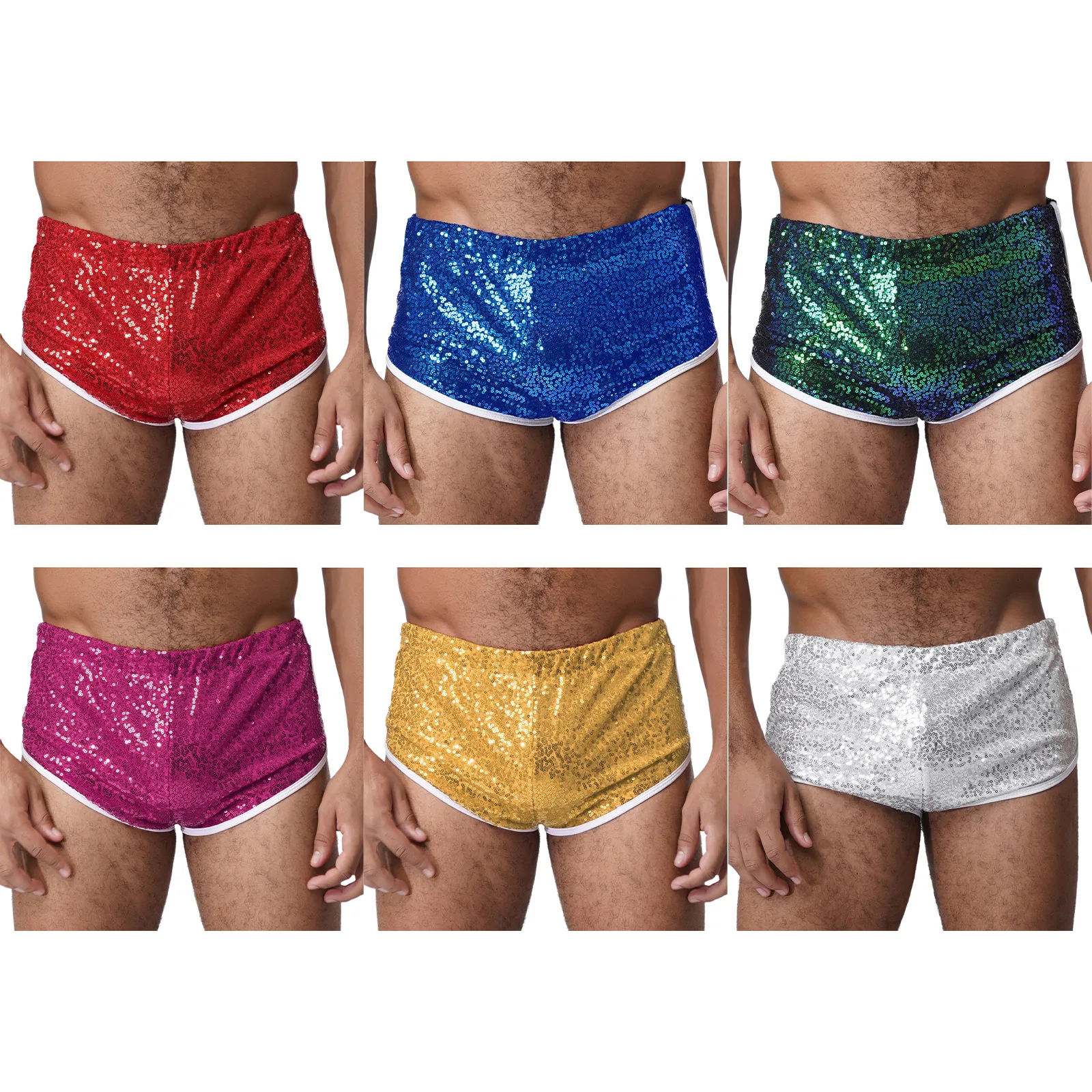 Men Glittery Sequin Low Rise Shorts Lingerie Shiny Elastic Waist Color Block Briefs Shorts Hot Pants for Club Beach Pool Party
