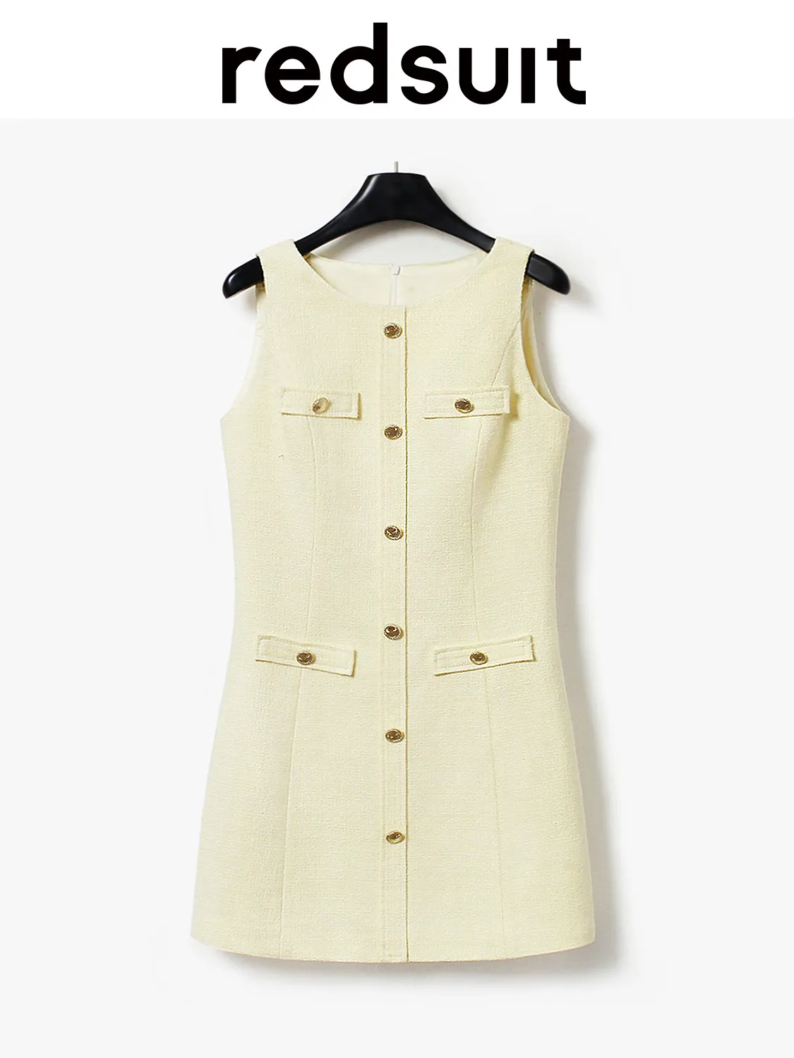 New gentle wind yellow lightweight floral round neck gold buckle sleeveless dress Custom size