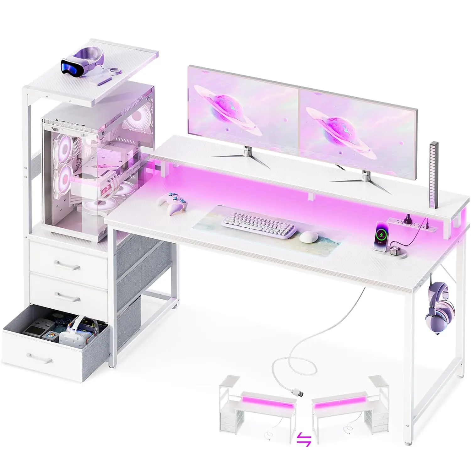 

Игровой стол 59 дюймов с USB-портами для зарядки, LED-подсветкой, 3 ящиками, подставкой для монитора и системного блока, боковым крючком, современный офисный, белый, на заказ