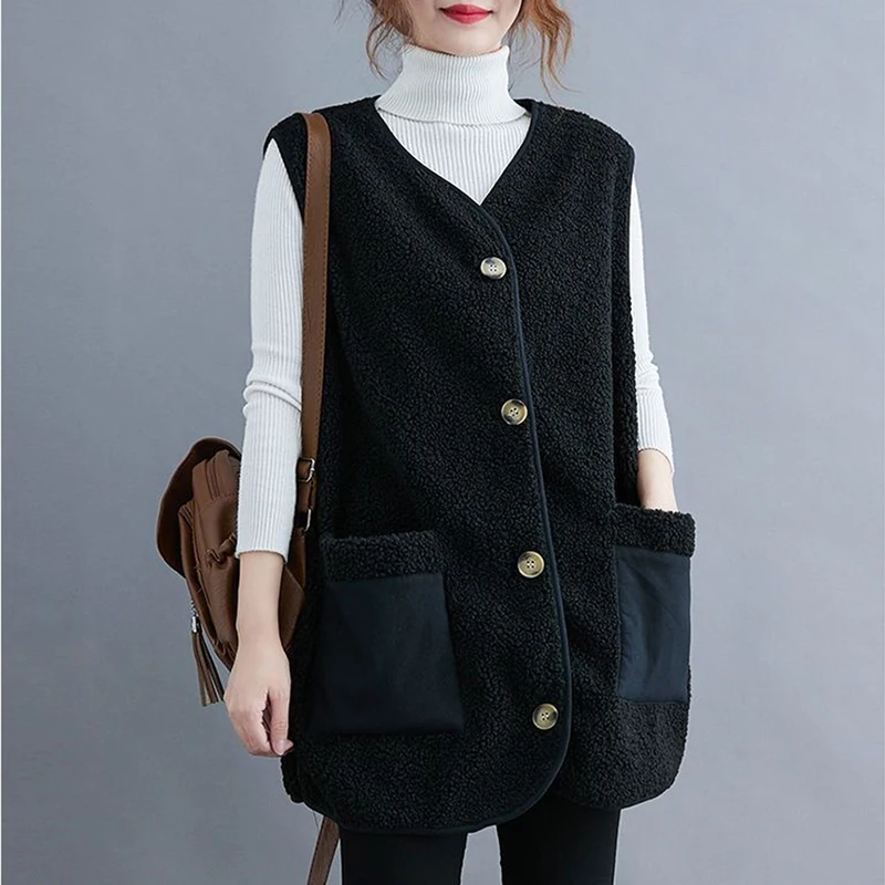 Oversize 4XL Spliced Faux Fleece Fur Vests Mid-length Women Wool Sleeveless Jacket Teddy Coat Casual Loose Gilet Korean Chalecos