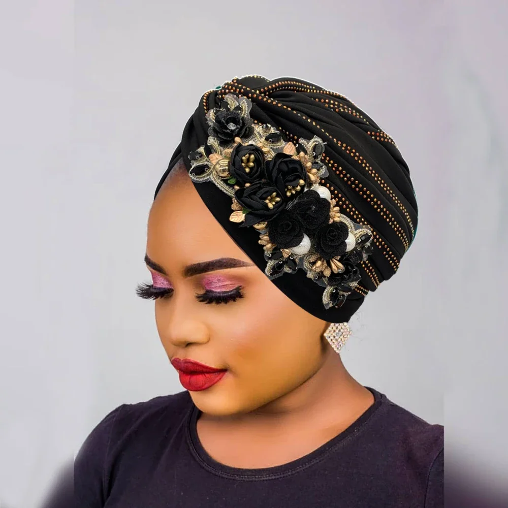 2024 Fashion Women\'s Turban Cap Twisted Headsarf Hat Diamonds Flower African Head Wraps Nigeria Wedding Party Headpiece