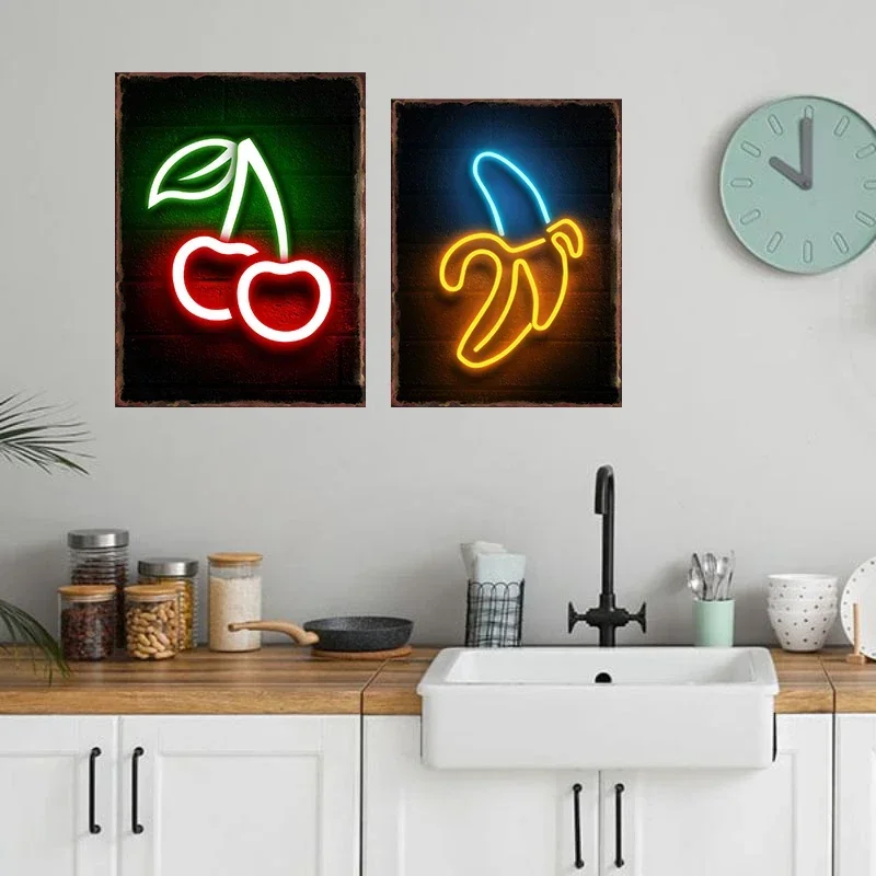 Cool Fruit Neon Signs Posters Metal Tin Sign Aesthetics Wall Decorative Plaques for Shop Home Decor Room Decoration Paintings