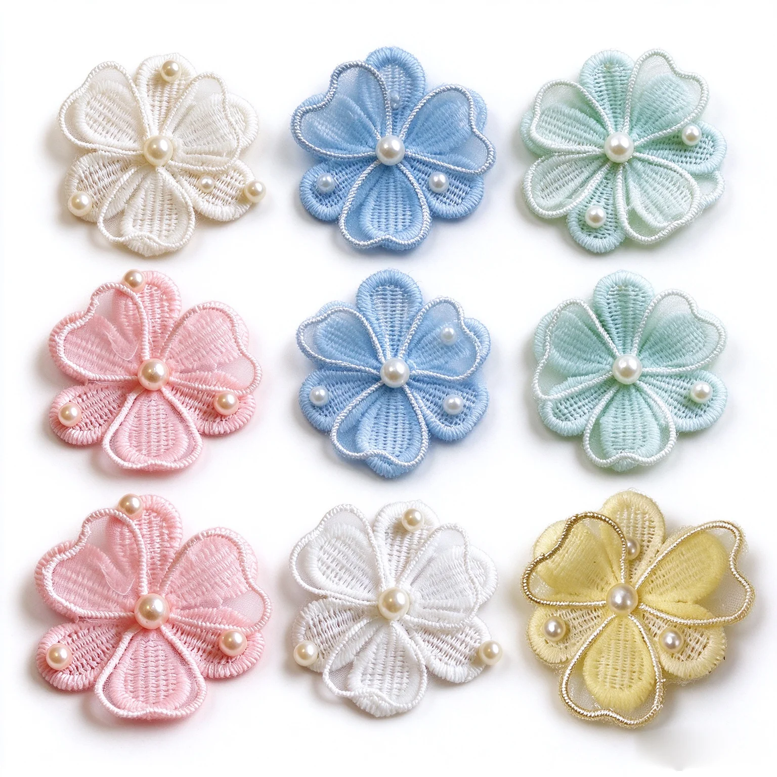 15pcs Beige Organza Flower Appliques, Embroidered Pearl Lace Patches, Sew‑on Ornament for Garment Decoration1.97