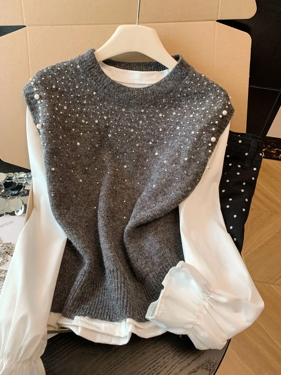 

Diamond Knitted Vest And White irt Two-Piece Set for Women Ele Commute Sle High Waist Korean Faion