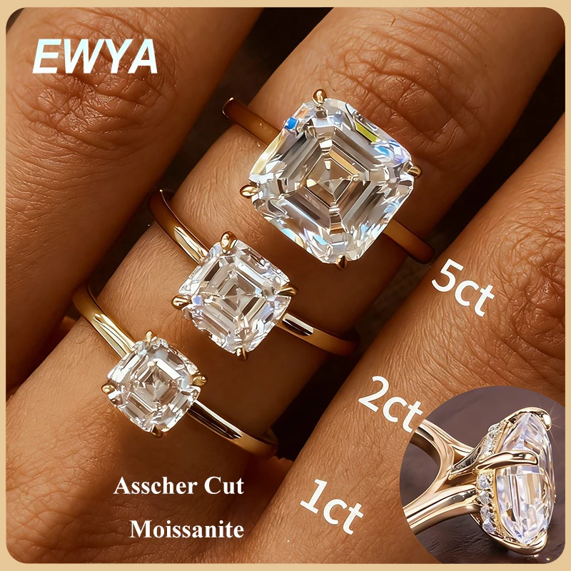 EWYA Asscher Cut 1/2/3/5CT 3EX Moissanite Solitaire Engagement Rings for Women s925 Silver Bridal Hidden Halo Big Diamond Band