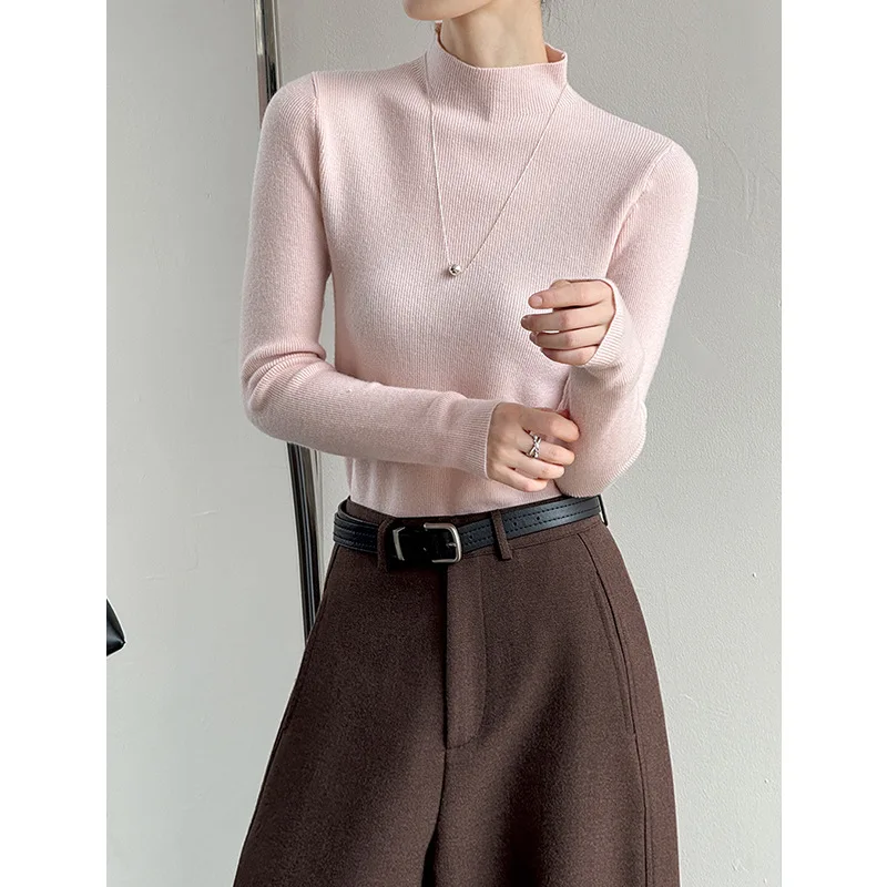

Orange Zhizhi Autumn Winter New Tight Women Sweater Wool Base Shirt Half Turtleneck Design Sense 25359