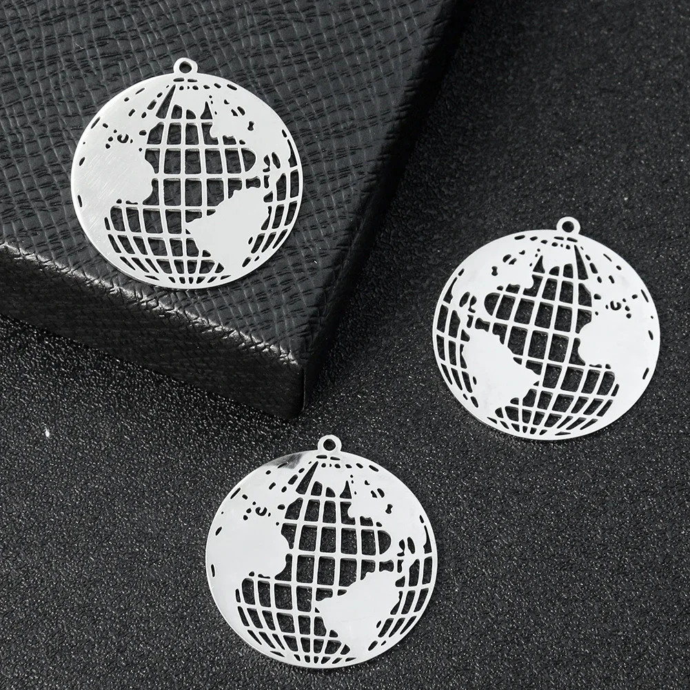 2pcs Metal Stainless Steel Earth Pendant Laser Carved Hollow Globe Charms DIY Necklace Earrings Dangle Jewelry Making Material