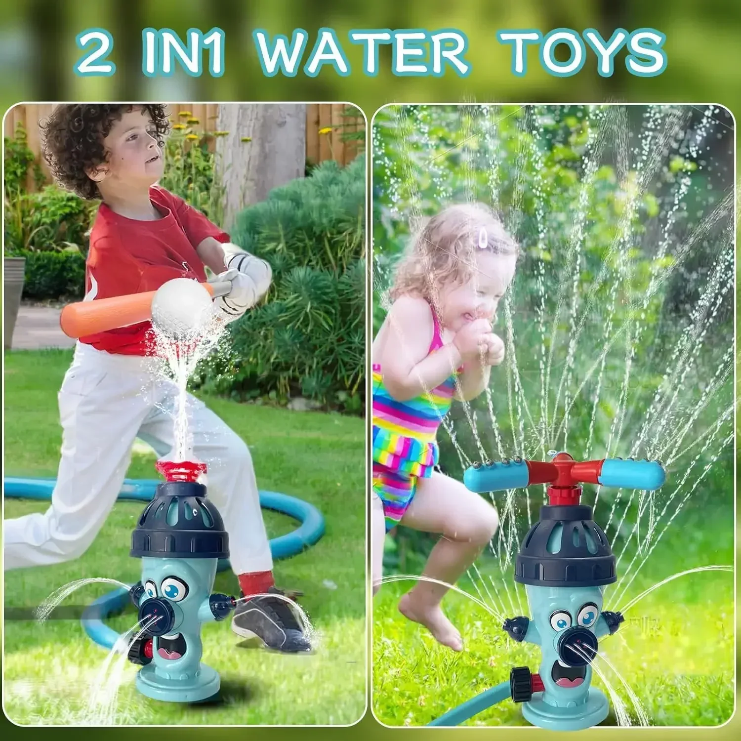 2 in 1 Water Spray Sprinkler T Ball Set Baseball Pitching Machine Hydrant Water Spray Toy with 2 Sprinkler Heads 4 Balls for Kid
