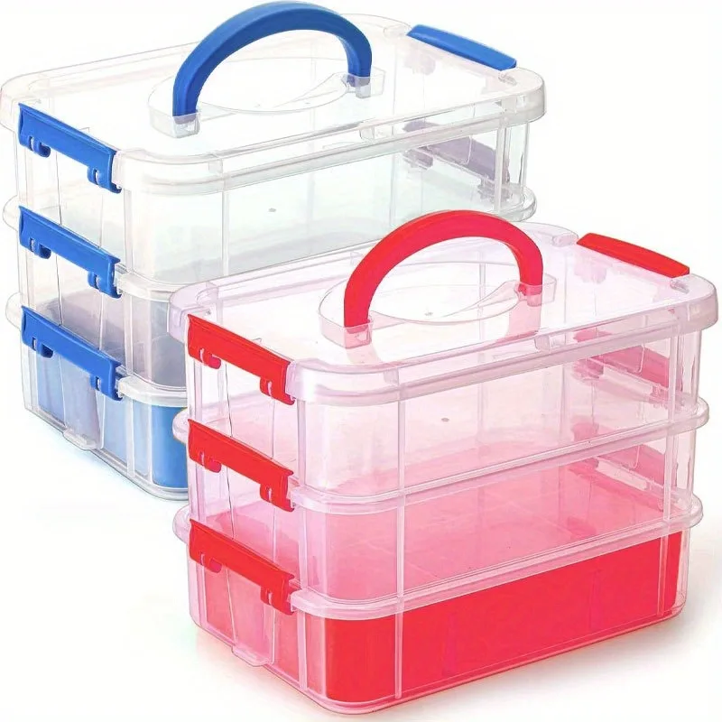 3-Tiers Stack Carry Storage Box With Divided Tray, Stackable Storage Container With Handle, School Office Storage Supplies