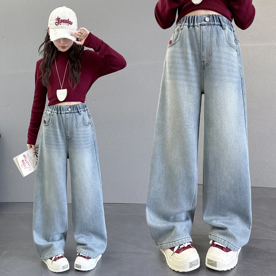 Elegant Kids Children Winter Thermal Jeans With Cherry Pocket for Tweens Girls Warm Insulated Denim Pants Fleece Trousers 5-14 Y