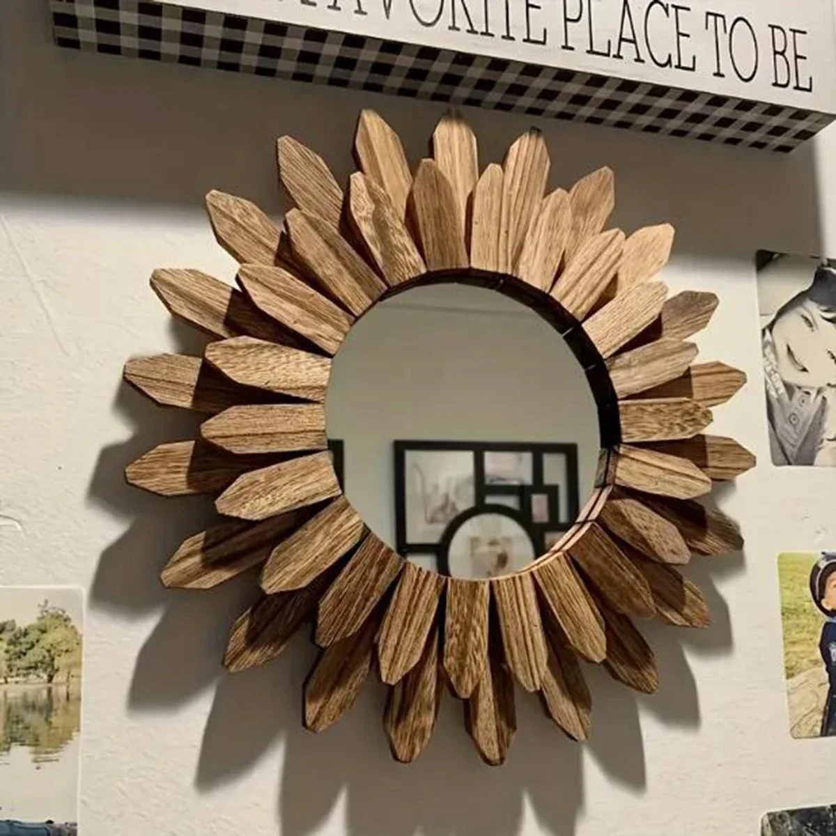 1Pc Sunflower Style Wall Cosmetic Mirror Wall Mounted Mirror Wooden Decorative Mirror Bedroom Living Room Wall  House Decoration