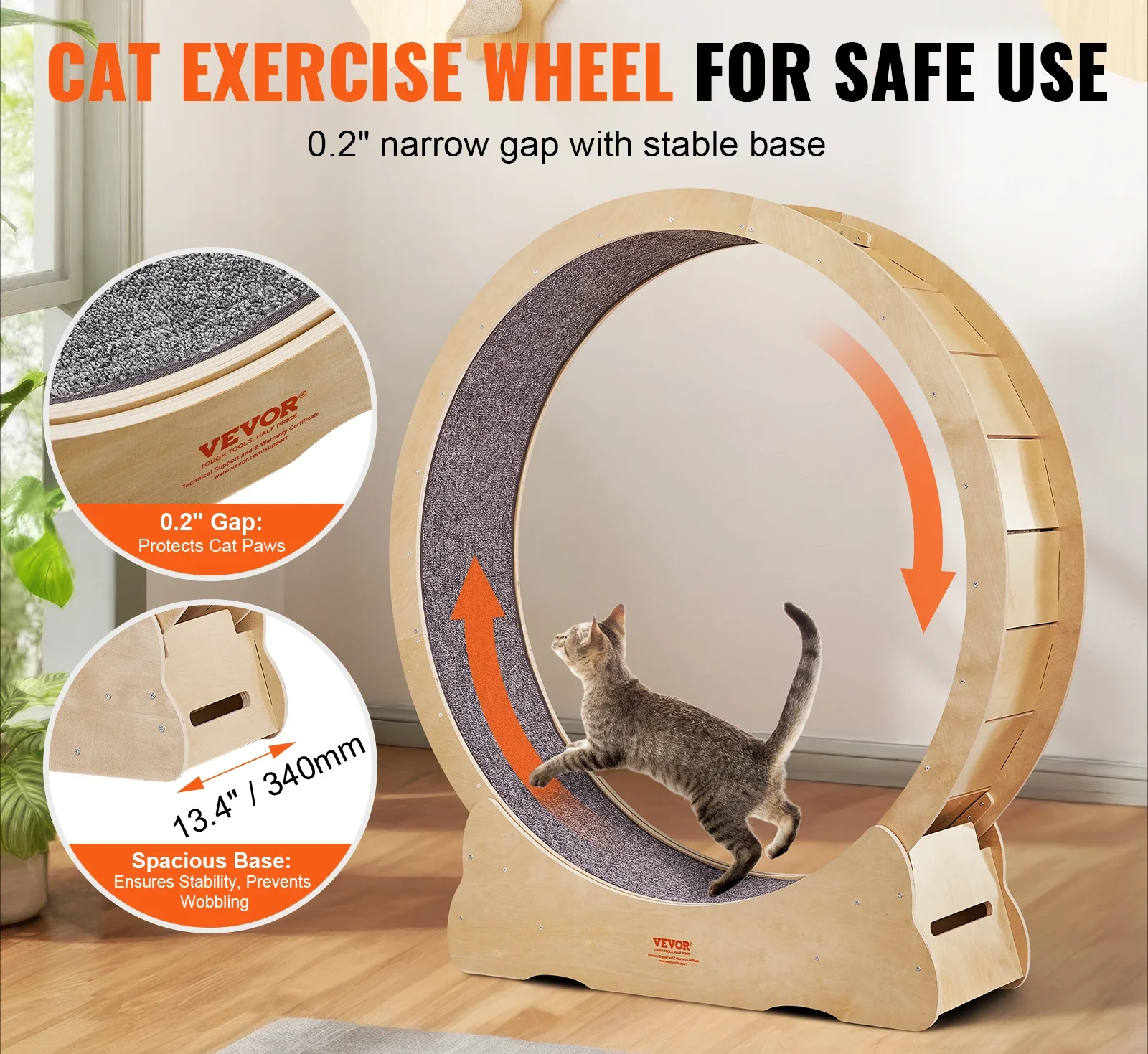 Cat Exercise Wheel Natural Wood Silent Running Toy Treadmill Roller Wheel with Detachable Carpet for Most Cats Pet Fitness