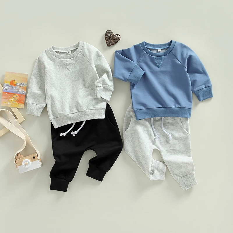 

0-3Y Baby Boys Autumn Pants Sets Long Sleeve Solid Sweatshirt T-Shirt Top Striped Drawstring Pants Set Boys Clothes 2pcs