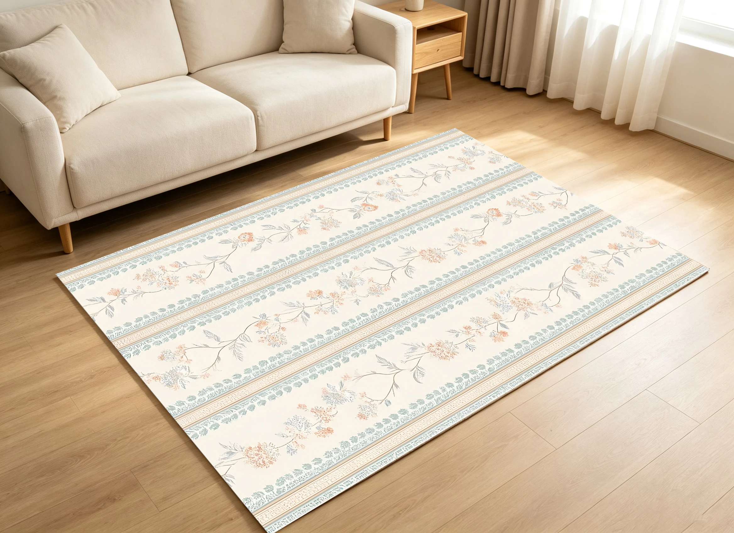 2D Velvet Rug, Milky Apricot Color, French Light Floral Pattern, Soft & Comfortable, for Living Room & Bedroom, Enhances