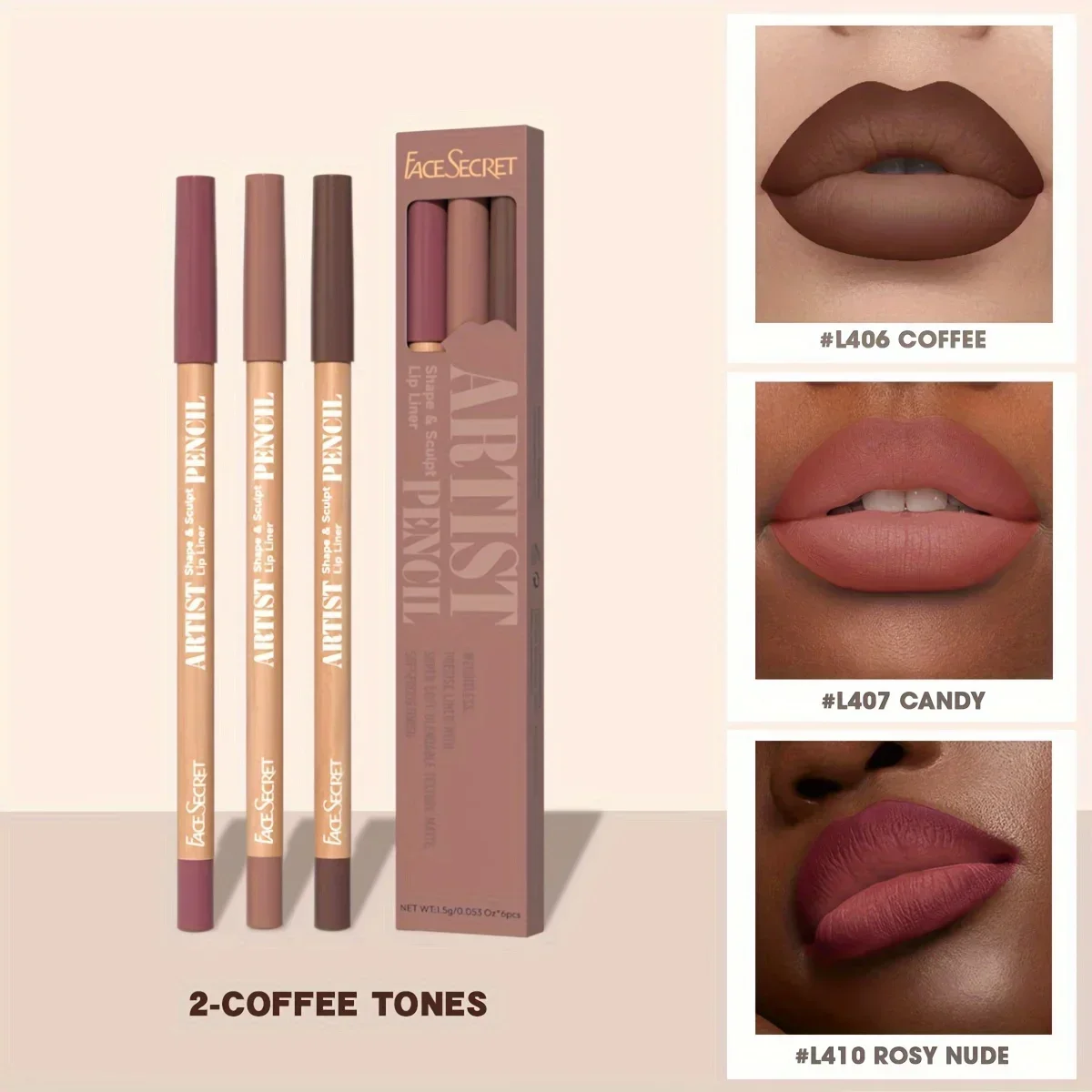 Face Secret Juego de 3 uds de delineador de labios desnudo, mate Natural, resistente al agua de larga duración, maquillaje de lápiz labial de línea de gancho de alta pigmentación