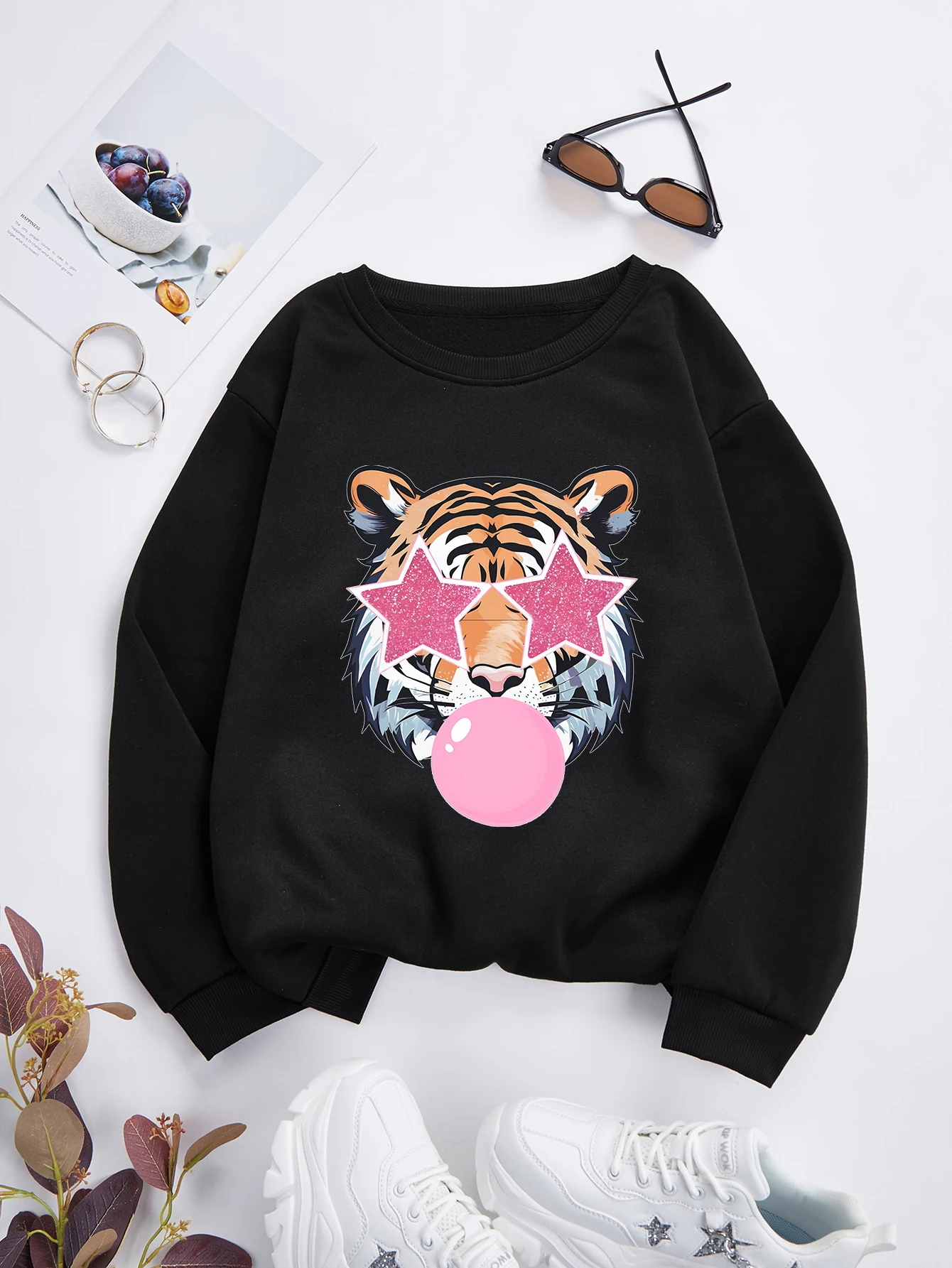 Tiger Blowing Bubble Sweatshirts Top Autumn Spring O Neck Pullover Comfortable Casual Classic Tops