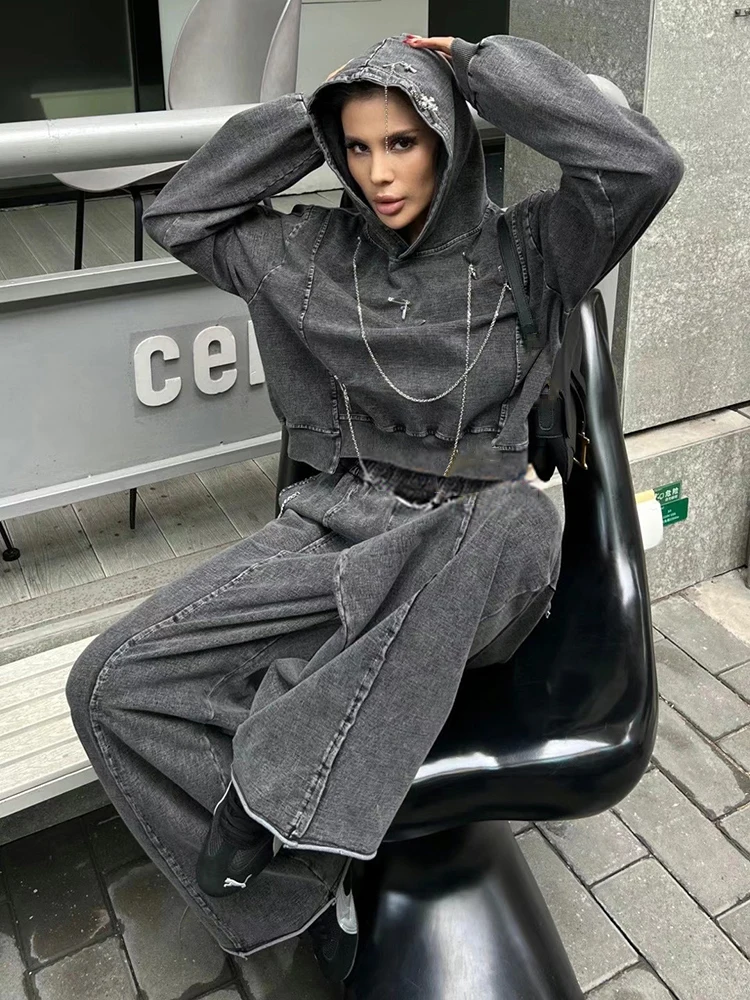 TWOTWINSTYLE Chic Two Piece Set For Women Hooded Long Sleeve  Top High Waist Wide Leg Pant Streetwear Sets Female Fashion New