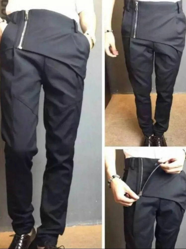 

Spring New 2024 Men Personalized Zipper Stitching Long Trousers Black Harem Pants Singer Costumes Male Plus Size Pencil Pants