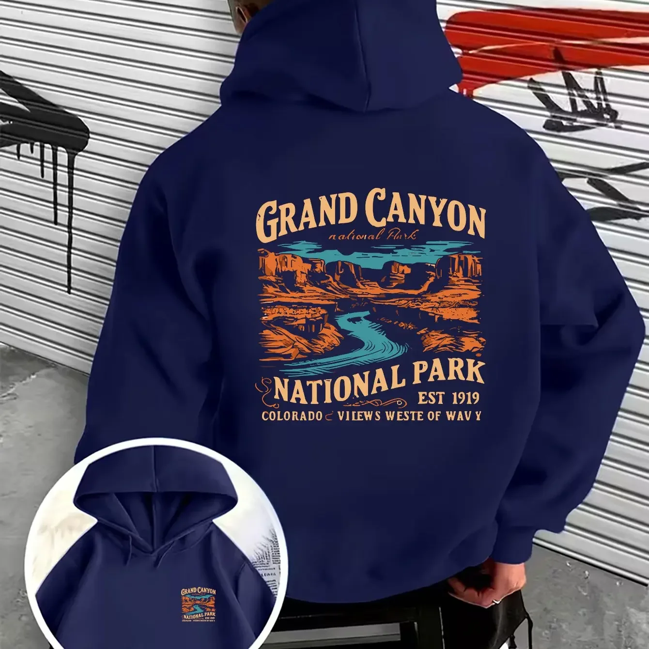Korean Hot Trend Grand Canyon National Park Vintage Back Print Hoodie Men Loose Oversized Unisex Pullover Sweatshirt
