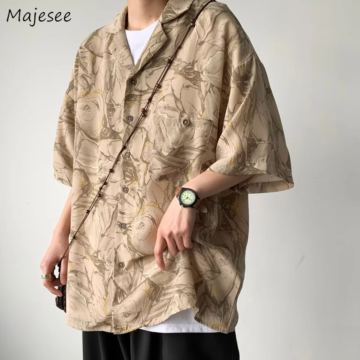 

Short Sleeve Shirts Men Vintage Slouchy Baggy Breathable Ice Silk Japanese Harajuku Streetwear Teens Holiday Beach Y2k Top Ins