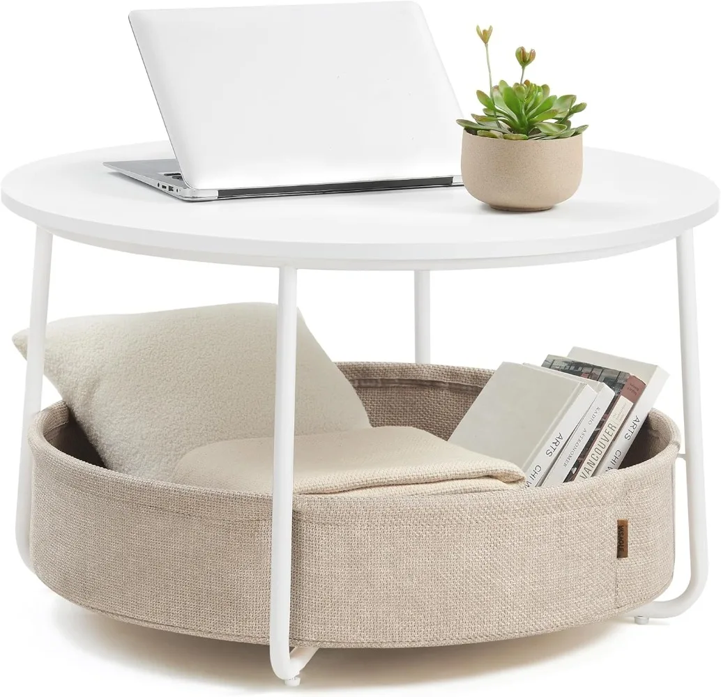 

Coffee Table with Storage, Round Center Table for Living Room with Fabric Basket Metal Frame, Matte White and Camel Brown