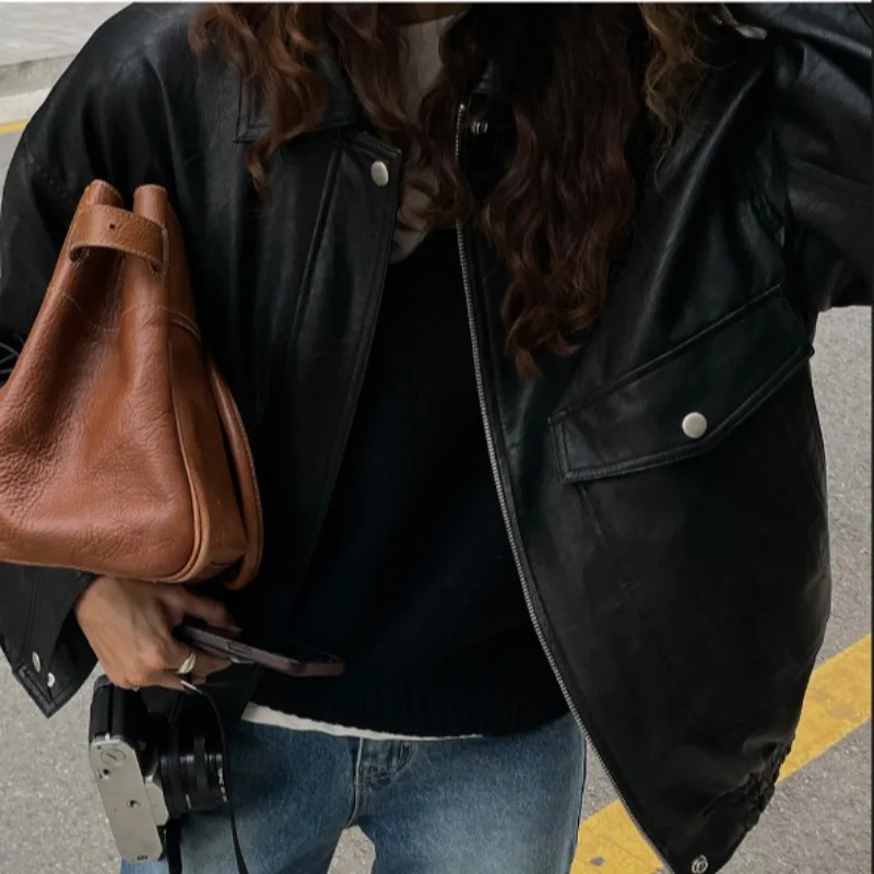 Femmes Chic polyvalent rétro Faion minceur Hong Kong Sle Long Sve PU moto Jaet cuir manteau vêtements d'extérieur