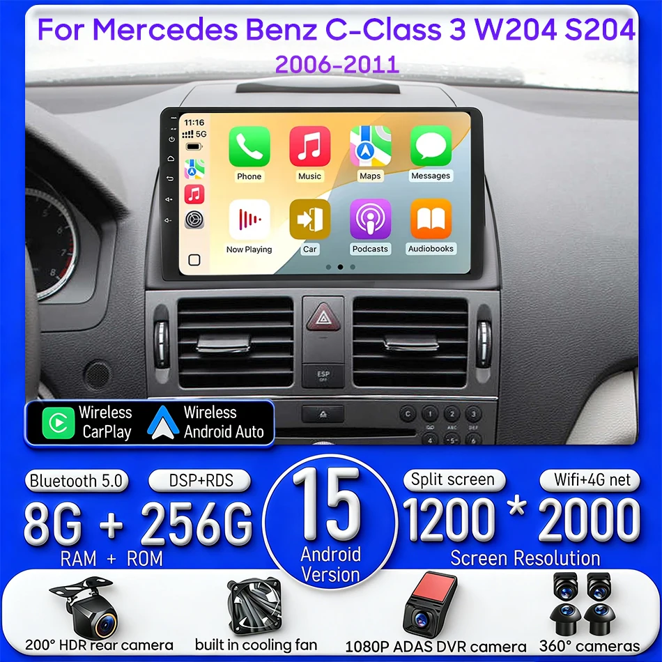 

Android For Mercedes Benz C-Class 3 W204 S204 2006 - 2011 Car Multimedia Player Wireless Carplay Auto Radio Video GPS 2din Wifi