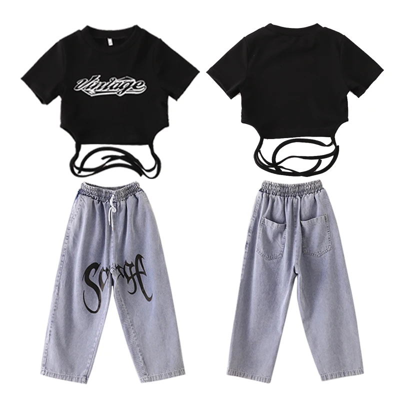 Ropa de Hip Hop Rave para niños, Camiseta corta sin mangas, ropa de calle informal, pantalones para niñas, disfraz de baile de Jazz, ropa de espectáculo de escenario para adolescentes