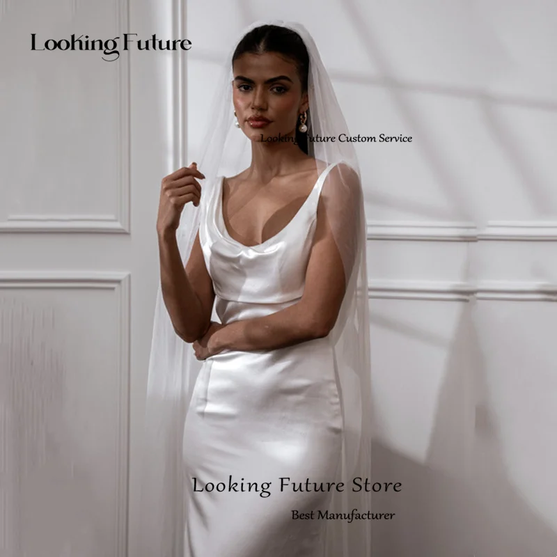 Simple Mermaid Satin Wedding Dress Elegant Sleeveless Pleat Spaghetti Straps Bridal Gowns Sexy Backless Square Collar Customized