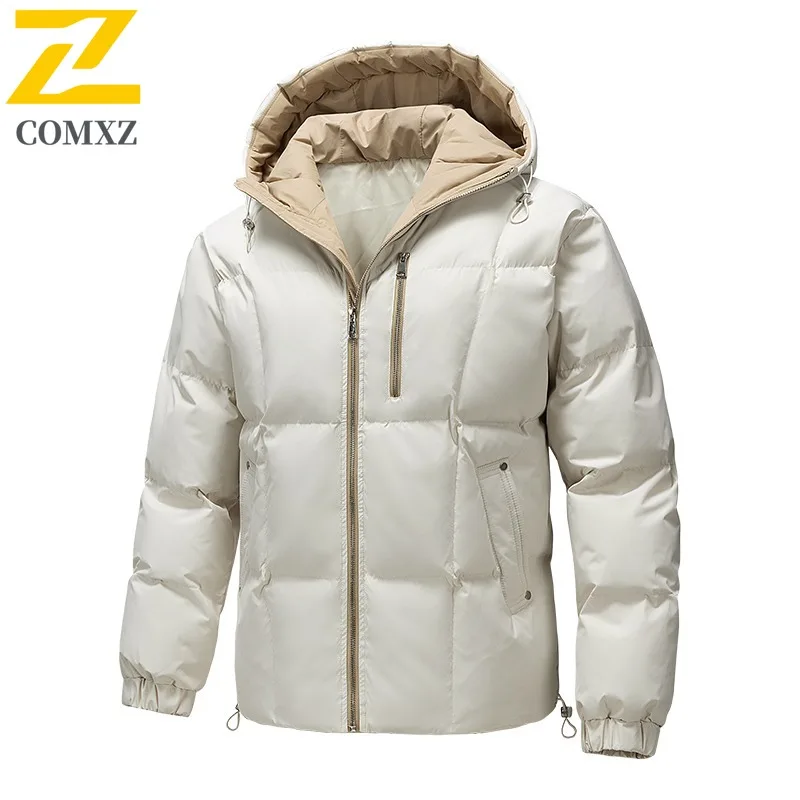 Men's Winter Hooded Padded Jacket Thermal Loose Fit Windproof Parka Casual Thickened Fleece Lined Coat Snow Outdoor Bread Style