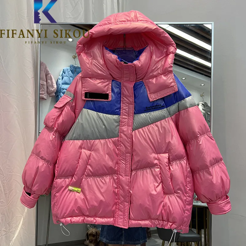 

Patchwork Down Jackets Women Hooded Parka Spliced Pocket Fashion Casual Winter Jacket Thick Warm Cotton Coat Female Loose Parkas