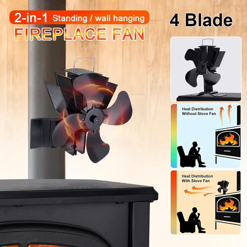 2in1 Standing 5 Blades Fireplace Fan Heat Powered Fire Heater Log Wood Burner Eco Quiet Fan Log/Wood/Pellet Buring Stove Fan