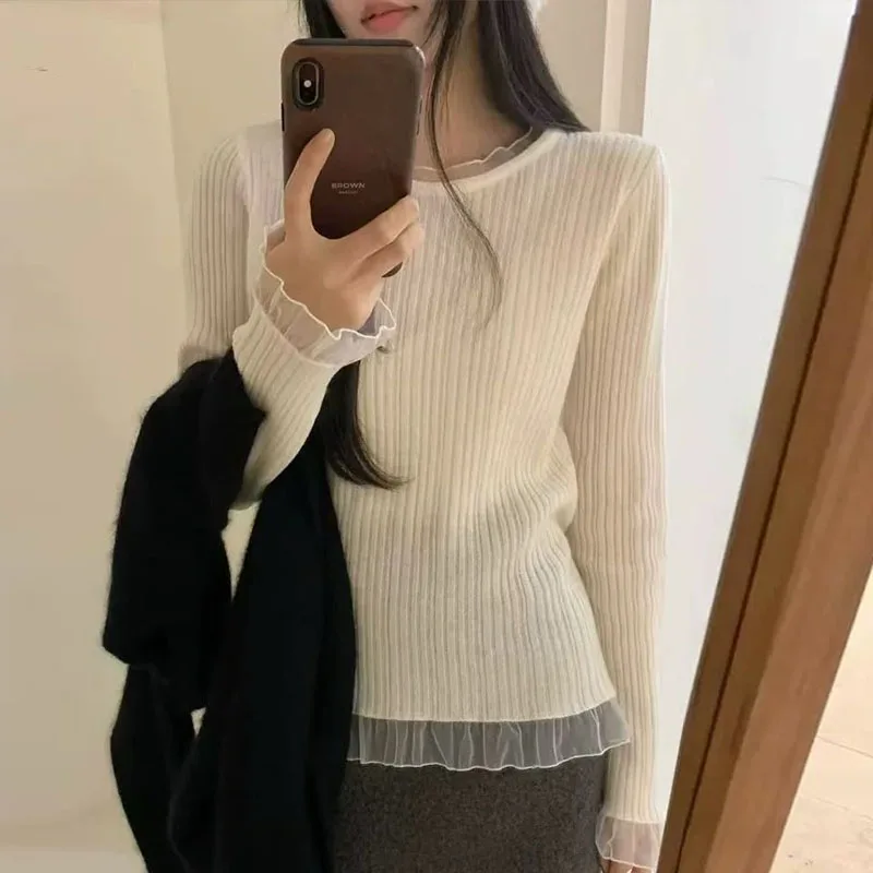 Sweaters New Long Sleeve Knitted Sweater Women Pullovers Slim O-Neck Lace Knit Sweater Pullover Women Tops Sueter Feminino Q2132