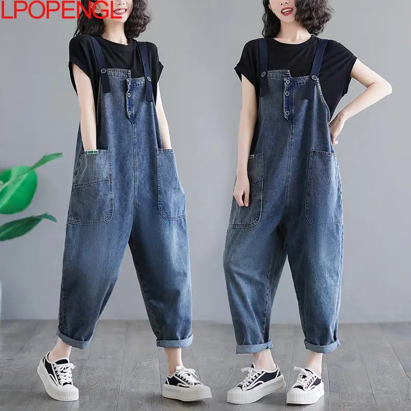 Women Jumpsuits 2023 New Casual Loose Denim Rompers Ladies Retro Simple All-match Denim Strap Nine-point Cargo Pants Overalls