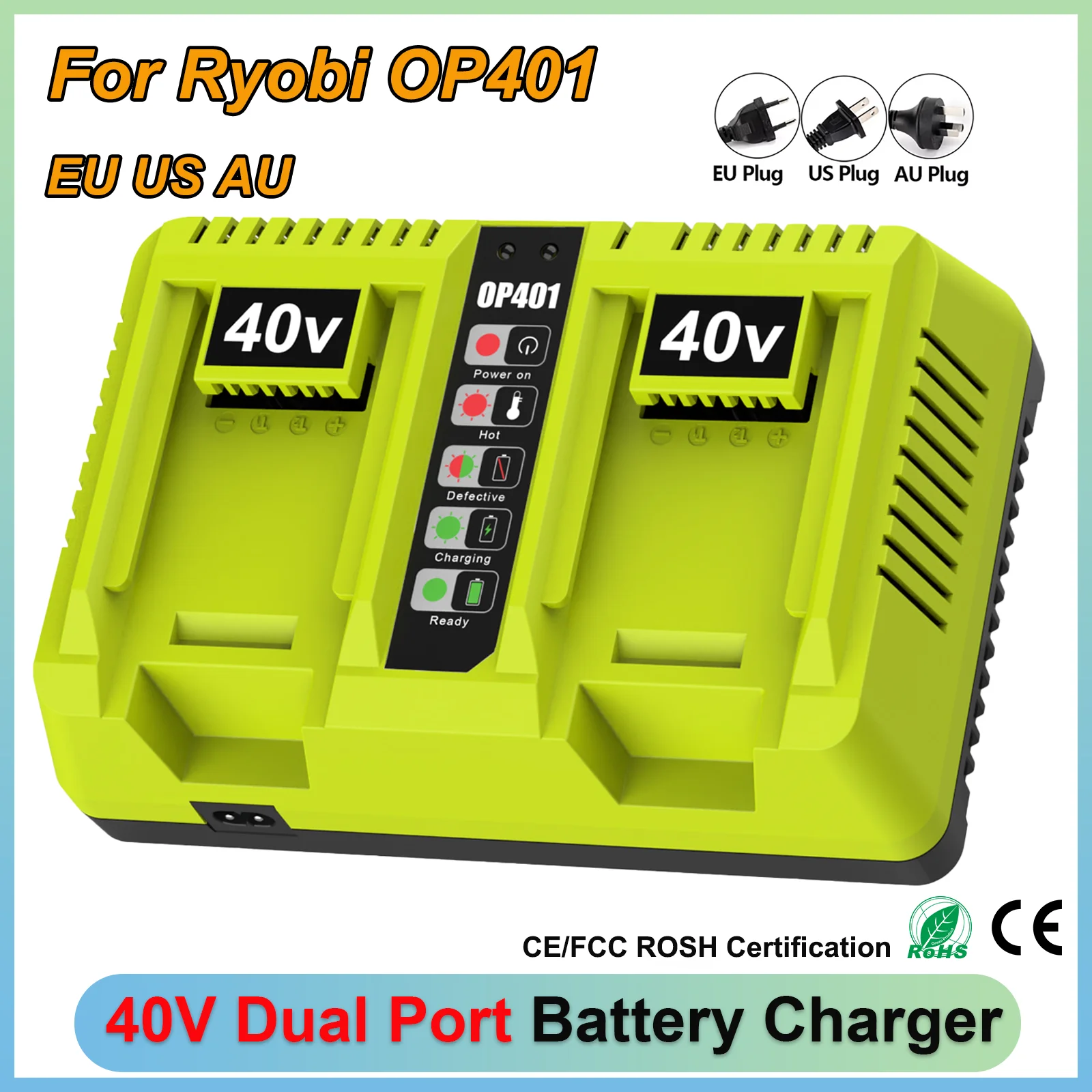OP401 Dual Port Power Tool Battery Charger for Ryobi 40V  OP4060 Replacement Lithium Battery Charger OP4015 OP4026 OP4040 OP4050