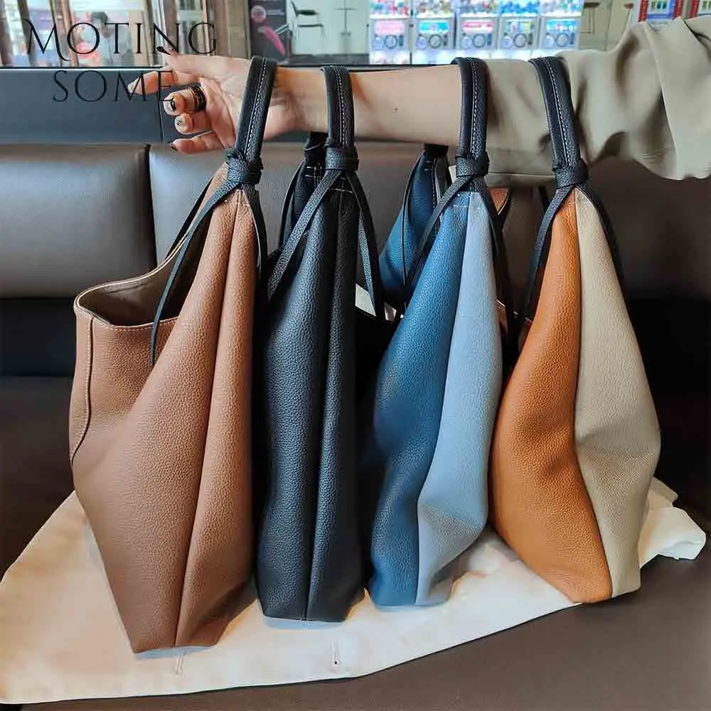 Motingsome Soft Cow Leather Handbag for Women Minimalism Patchwork Color Shoulder Fashionable Casual Tote Oversize Bags 2024 New