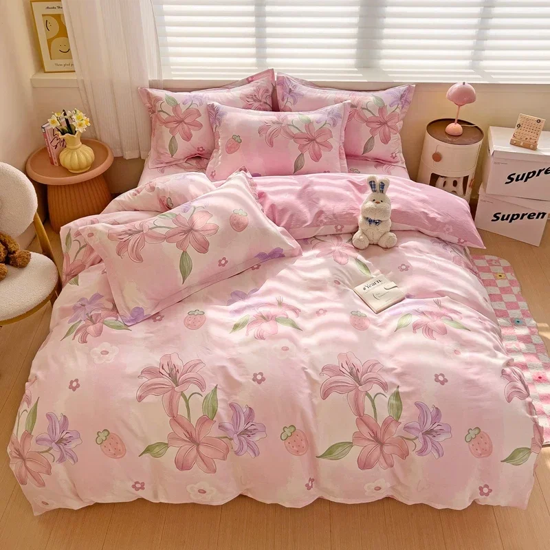 Pink Floral Cotton Duvet Cover Cute Strawberry Print Bedding Set 3 Pieces, Comfy Durable Comforter Covers Set for Bedroom Decor