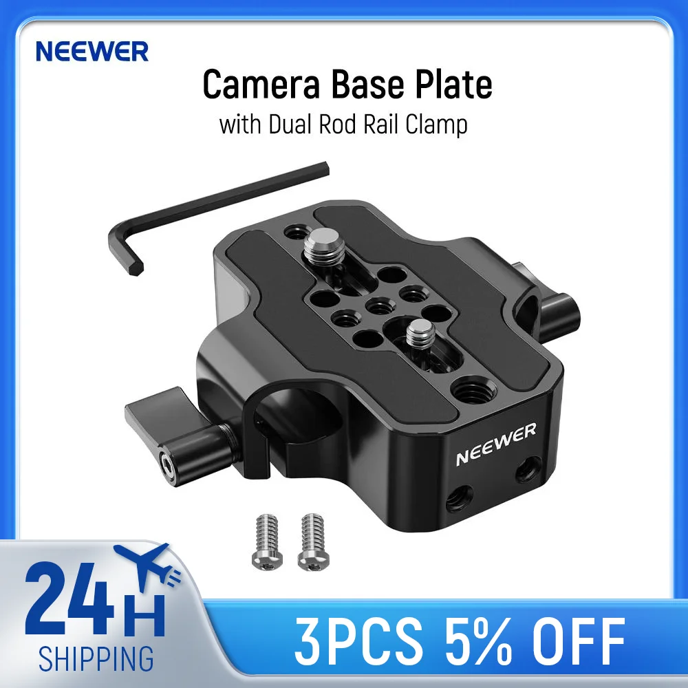 

NEEWER Camera Base Plate with Dual Rod Rail Clamp 15mm LWS Baseplate for Camera Cage Tripod Shoulder Rig with 1/4" & 3/8" Thread